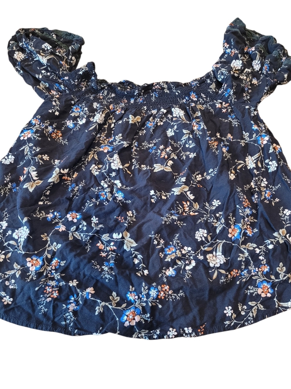 Papermoon Women’s M Floral Off Shoulder Blouse Navy Boho 100% Rayon Top - Picture 2 of 8